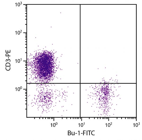 Chicken peripheral blood lymphocytes were stained with Mouse Anti-Chicken Bu-1-FITC (SB Cat. No. 8395-02) and Mouse Anti-Chicken CD3-PE (SB Cat. No. 8200-09).