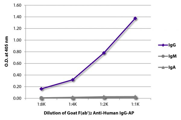 ELISA plate was coated with purified human IgG, IgM, and IgA.  Immunoglobulins were detected with serially diluted Goat F(ab')<sub>2</sub> Anti-Human IgG-AP (SB Cat. No. 2042-04).