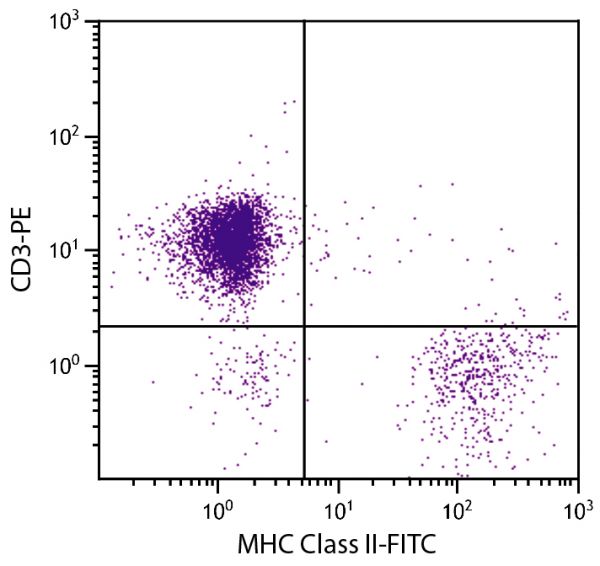 Chicken peripheral blood lymphocytes were stained with Mouse Anti-Chicken MHC Class II-FITC (SB Cat. No. 8350-02) and Mouse Anti-Chicken CD3-PE (SB Cat. No. 8200-09).