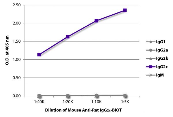 ELISA plate was coated with purified rat IgG<sub>1</sub>, IgG<sub>2a</sub>, IgG<sub>2b</sub>, IgG<sub>2c</sub>, and IgM. Immunoglobulins were detected with serially diluted Mouse Anti-Rat IgG<sub>2c</sub>-BIOT (SB Cat. No. 3075-08) followed by Streptavidin-HRP (SB Cat. No. 7100-05).