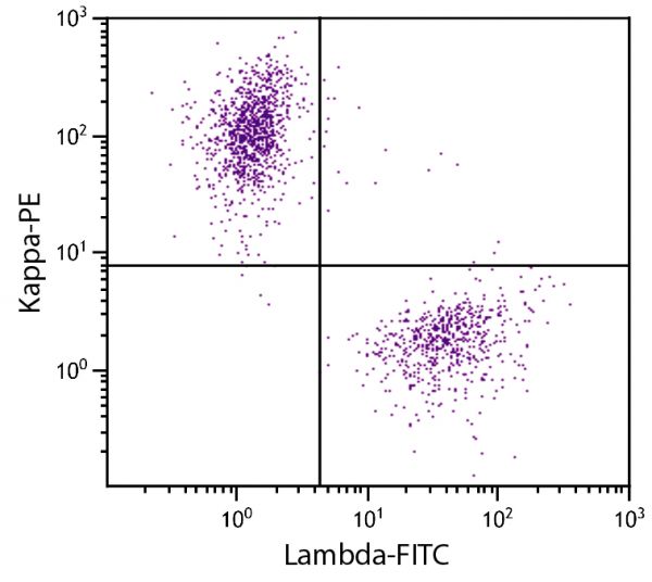 CD19+ human B-lymphocytes were stained with Goat F(ab')<sub>2</sub> Anti-Human Kappa, Mouse ads-PE (SB Cat. 2063-09) and Goat F(ab')<sub>2</sub> Anti-Human Lambda, Mouse ads-FITC (SB Cat. No. 2073-02).