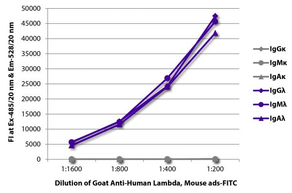 FLISA plate was coated with purified human IgGκ, IgMκ, IgAκ, IgGλ, IgMλ, and IgAλ. Immunoglobulins were detected with serially diluted Goat Anti-Human Lambda, Mouse ads-FITC (SB Cat. No. 2071-02).