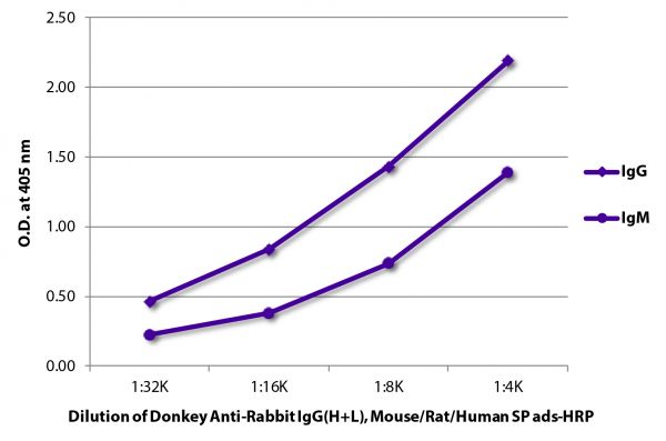 ELISA plate was coated with purified rabbit IgG and IgM.  Immunoglobulins were detected with serially diluted Donkey Anti-Rabbit IgG(H+L), Mouse/Rat/Human SP ads-HRP (SB Cat. No. 6440-05).