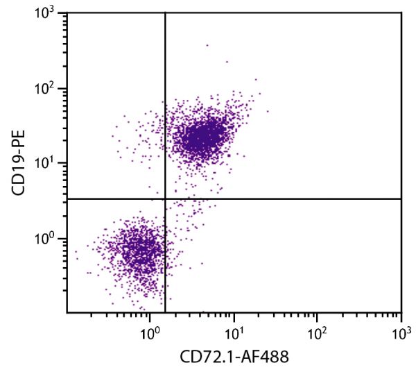 DBA/2 mouse splenocytes were stained with Mouse Anti-Mouse CD72.1-AF488 (SB Cat. No. 1725-30) and Rat Anti-Mouse CD19-PE (SB Cat. No. 1575-09).