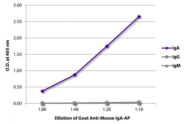ELISA plate was coated with purified mouse IgA, IgG, and IgM. Immunoglobulins were detected with serially diluted Goat Anti-Mouse IgA-AP (SB Cat. No. 1040-04).