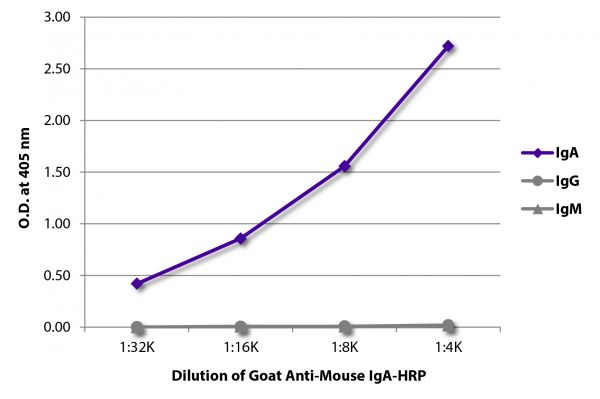 ELISA plate was coated with purified mouse IgA, IgG, and IgM.  Immunoglobulins were detected with serially diluted Goat Anti-Mouse IgA-HRP (SB Cat. No. 1040-05).