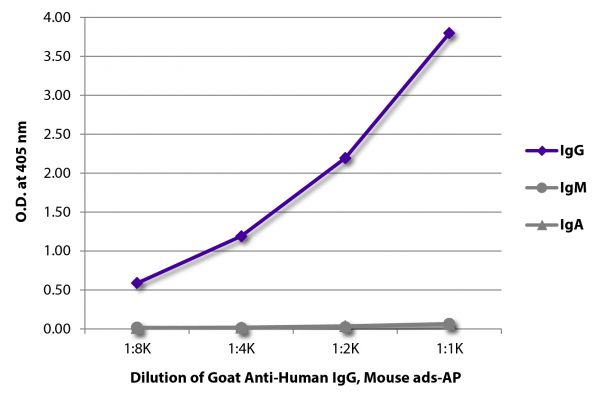 ELISA plate was coated with purified human IgG, IgM, and IgA. Immunoglobulins were detected with serially diluted Goat Anti-Human IgG, Mouse ads-AP (SB Cat. No. 2044-04).
