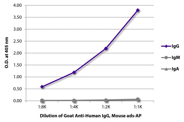 ELISA plate was coated with purified human IgG, IgM, and IgA.  Immunoglobulins were detected with serially diluted Goat Anti-Human IgG, Mouse ads-AP (SB Cat. No. 2044-04).