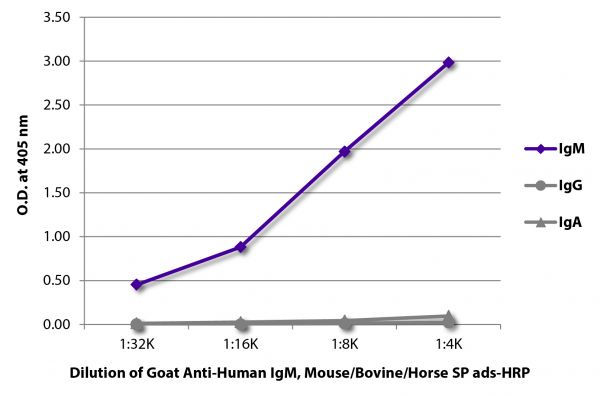 ELISA plate was coated with purified human IgM, IgG, and IgA. Immunoglobulins were detected with serially diluted Goat Anti-Human IgM, Mouse/Bovine/Horse SP ads-HRP (SB Cat. No. 2023-05).