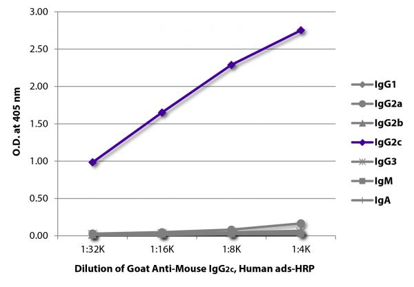 ELISA plate was coated with purified mouse IgG<sub>1</sub>, IgG<sub>2a</sub>, IgG<sub>2b</sub>, IgG<sub>2c</sub>, IgG<sub>3</sub>, IgM, and IgA. Immunoglobulins were detected with serially diluted Goat Anti-Mouse IgG<sub>2c</sub>, Human ads-HRP (SB Cat. No. 1079-05).