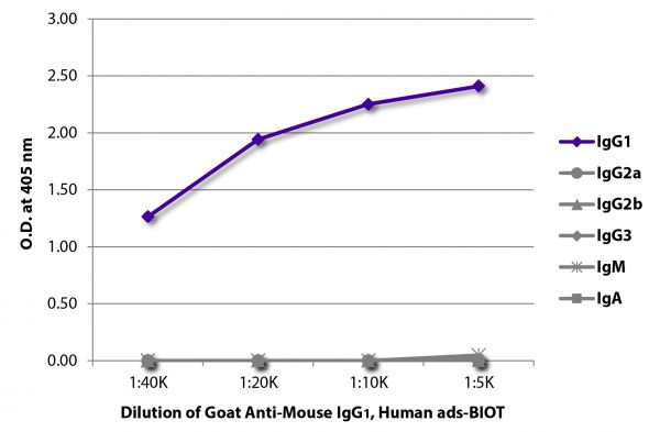ELISA plate was coated with purified mouse IgG<sub>1</sub>, IgG<sub>2a</sub>, IgG<sub>2b</sub>, IgG<sub>3</sub>, IgM, and IgA.  Immunoglobulins were detected with serially diluted Goat Anti-Mouse IgG<sub>1</sub>, Human ads-BIOT (SB Cat. No. 1070-08) followed by Streptavidin-HRP (SB Cat. No. 7100-05).