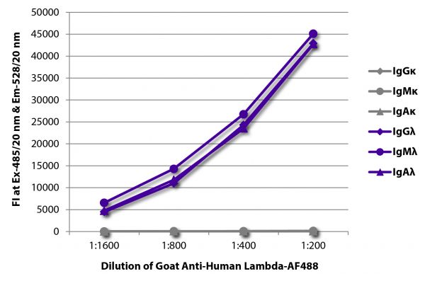 FLISA plate was coated with purified human IgGκ, IgMκ, IgAκ, IgGλ, IgMλ, and IgAλ. Immunoglobulins were detected with serially diluted Goat Anti-Human Lambda-AF488 (SB Cat. No. 2070-30).
