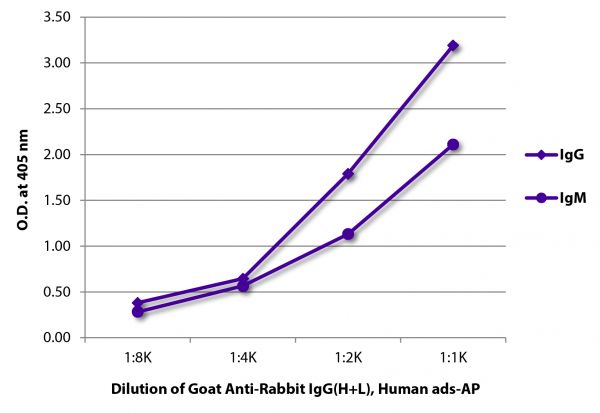 ELISA plate was coated with purified rabbit IgG and IgM. Immunoglobulins were detected with serially diluted Goat Anti-Rabbit IgG(H+L), Human ads-AP (SB Cat. No. 4051-04).