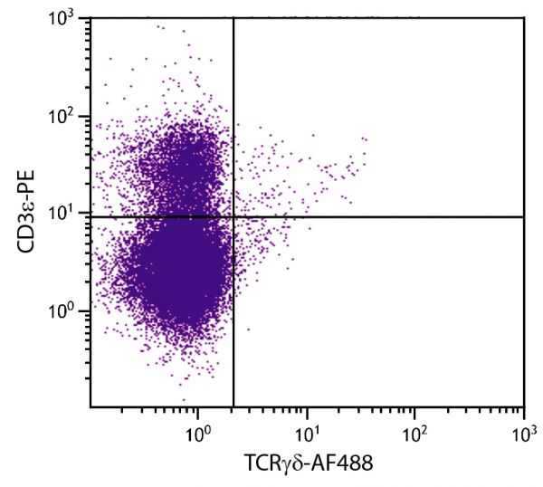 BALB/c mouse thymocytes were stained with Hamster Anti-Mouse TCRγδ-AF488 (SB Cat. No. 1780-30) and Rat Anti-Mouse CD3ε-PE (SB Cat. No. 1535-09).