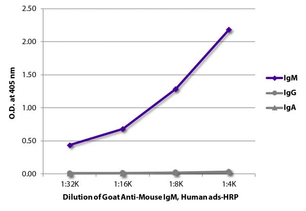 ELISA plate was coated with purified mouse IgM, IgG, and IgA.  Immunoglobulins were detected with serially diluted Goat Anti-Mouse IgM, Human ads-HRP (SB Cat. No. 1020-05).