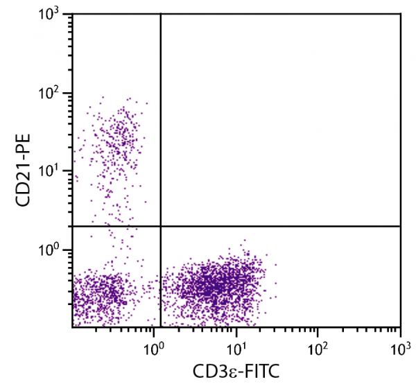 Porcine peripheral blood lymphocytes were stained with Mouse Anti-Porcine CD21-PE (SB Cat. No. 4530-09) and Mouse Anti-Porcine CD3ε-FITC (SB Cat. No. 4510-02).