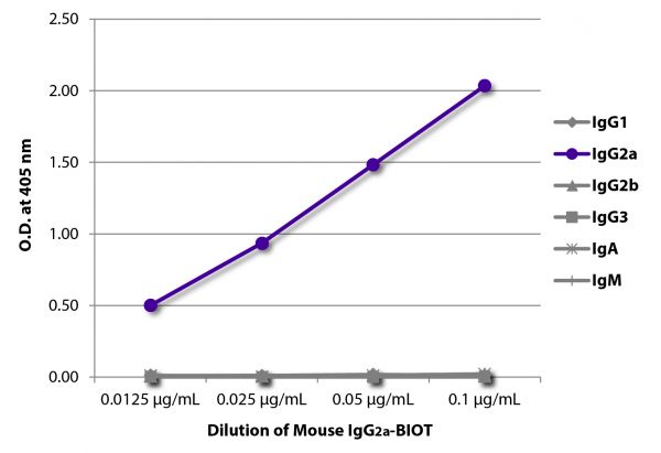 ELISA plate was coated with Goat Anti-Mouse IgG<sub>1</sub>, Human ads-UNLB (SB Cat. No. 1070-01), Goat Anti-Mouse IgG<sub>2a</sub>, Human ads-UNLB (SB Cat. No. 1080-01), Goat Anti-Mouse IgG<sub>2b</sub>, Human ads-UNLB (SB Cat. No. 1090-01), Goat Anti-Mouse IgG<sub>3</sub>, Human ads-UNLB (SB Cat. No. 1100-01), Goat Anti-Mouse IgA-UNLB (SB Cat. No. 1040-01), and Goat Anti-Mouse IgM, Human ads-UNLB (SB Cat. No. 1020-01). Serially diluted Mouse IgG<sub>2a</sub>-BIOT (SB Cat. No. 0103-08) was captured followed by Streptavidin-HRP (SB Cat. No. 7100-05) and quantified.