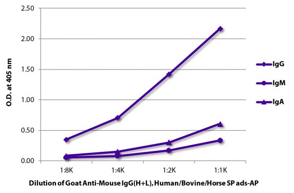 ELISA plate was coated with purified mouse IgG, IgM, and IgA.  Immunoglobulins were detected with serially diluted Goat Anti-Mouse IgG(H+L), Human/Bovine/Horse SP ads-AP (SB Cat. No. 1037-04).