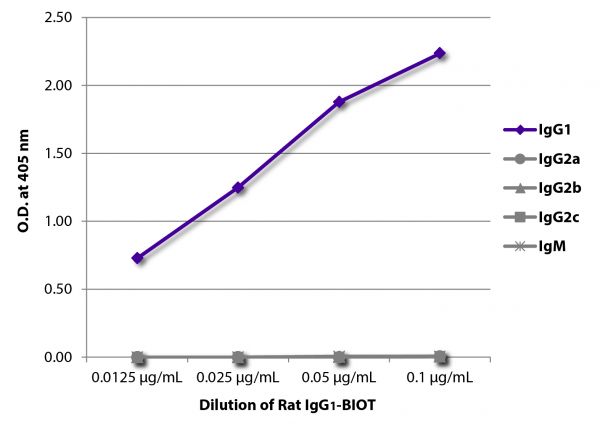 ELISA plate was coated with Mouse Anti-Rat IgG<sub>1</sub>-UNLB (SB Cat. No. 3061-01), Mouse Anti-Rat IgG<sub>2a</sub>-UNLB (SB Cat. No. 3065-01), Mouse Anti-Rat IgG<sub>2b</sub>-UNLB (SB Cat. No. 3070-01), Mouse Anti-Rat IgG<sub>2c</sub>-UNLB (SB Cat. No. 3075-01), and Mouse Anti-Rat IgM-UNLB (SB Cat. No. 3080-01). Serially diluted Rat IgG<sub>1</sub>-BIOT (SB Cat. No. 0116-08) was captured followed by Streptavidin-HRP (SB Cat. No. 7100-05) and quantified.