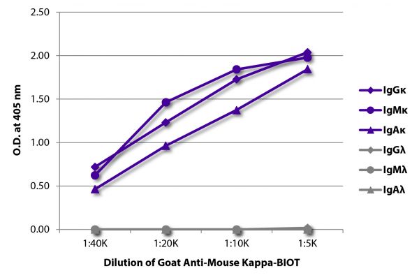 ELISA plate was coated with purified mouse IgGκ, IgMκ, IgAκ, IgGλ, IgMλ, and IgAλ. Immunoglobulins were detected with serially diluted Goat Anti-Mouse Kappa-BIOT (SB Cat. No. 1050-08) followed by Streptavidin-HRP (SB Cat. No. 7100-05).