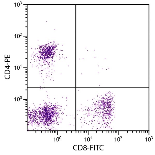 Feline peripheral blood lymphocytes were stained with Mouse Anti-Feline CD8-FITC (SB Cat. No. 8120-02) and Mouse Anti-Feline CD4-PE (SB Cat. No. 8130-09).