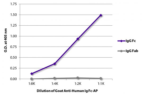ELISA plate was coated with purified human IgG Fc and IgG Fab. Immunoglobulins were detected with serially diluted Goat Anti-Human Ig Fc-AP (SB Cat. No. 2047-04).