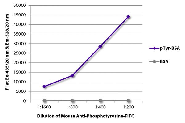 FLISA plate was coated with BSA and BSA conjugated to phosphotyrosine (pTry-BSA).  Phosphotyrosine was detected with serially diluted Mouse Anti-Phosphotyrosine-FITC (SB Cat. No. 1400-02).