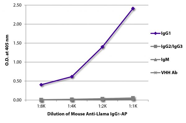 ELISA plate was coated with purified llama IgG<sub>1</sub>, IgG<sub>2</sub>/IgG<sub>3</sub>,  IgM, and a VHH antibody.  Immunoglobulins were detected with Mouse Anti-Llama IgG<sub>1</sub>-AP (SB Cat. No. 5870-04).