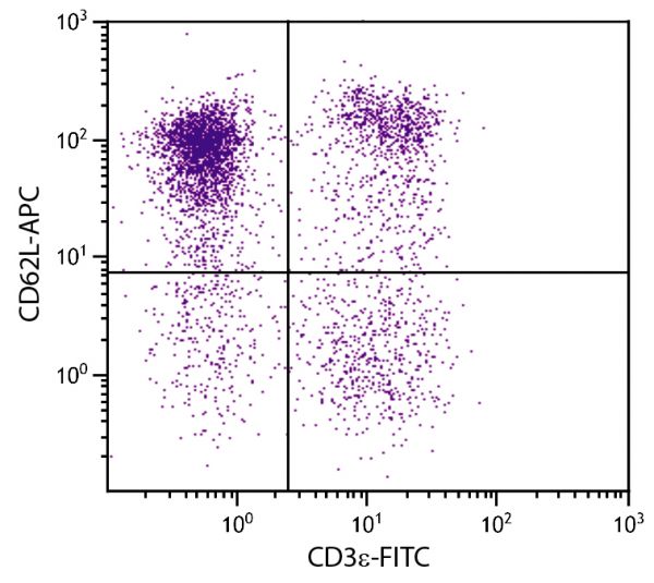 BALB/c mouse splenocytes were stained with Rat Anti-Mouse CD62L-APC (SB Cat. No. 1705-11) and Rat Anti-Mouse CD3ε-FITC (SB Cat. No. 1535-02).