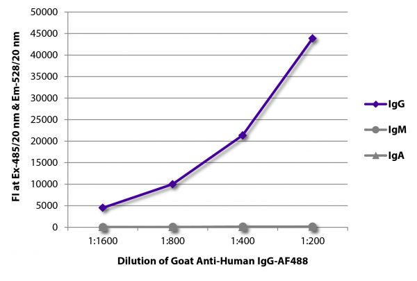 FLISA plate was coated with purified human IgG, IgM, and IgA. Immunoglobulins were detected with serially diluted Goat Anti-Human IgG-AF488 (SB Cat. No. 2040-30).