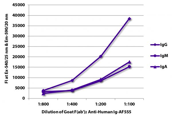 FLISA plate was coated with purified human IgG, IgM, and IgA. Immunoglobulins were detected with serially diluted Goat F(ab')<sub>2</sub> Anti-Human Ig-AF555 (SB Cat. No. 2012-32).