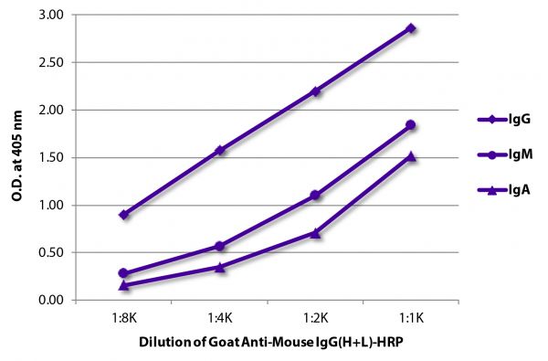 ELISA plate was coated with purified mouse IgG, IgM, and IgA.  Immunoglobulins were detected with serially diluted Goat Anti-Mouse IgG(H+L)-HRP (SB Cat. No. 1036-05).