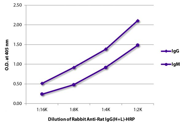 ELISA plate was coated with purified rat IgG and IgM. Immunoglobulins were detected with Rabbit Anti-Rat IgG(H+L)-HRP (SB Cat. No. 6180-05).
