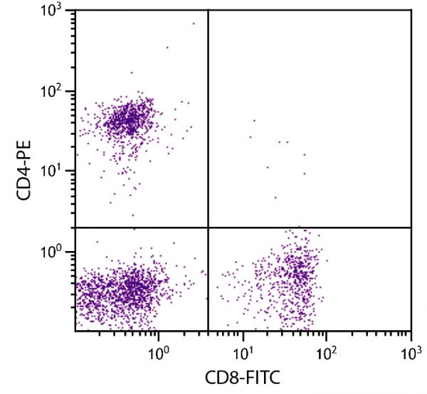 Feline peripheral blood lymphocytes were stained with Mouse Anti-Feline CD4-PE (SB Cat. No. 8130-09) and Mouse Anti-Feline CD8-FITC (SB Cat. No. 8120-02).