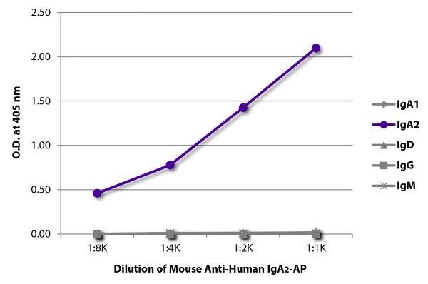 ELISA plate was coated with purified human IgA<sub>1</sub>, IgA<sub>2</sub>, IgD, IgG, and IgM. Immunoglobulins were detected with serially diluted Mouse Anti-Human IgA<sub>2</sub>-AP (SB Cat. No. 9140-04).