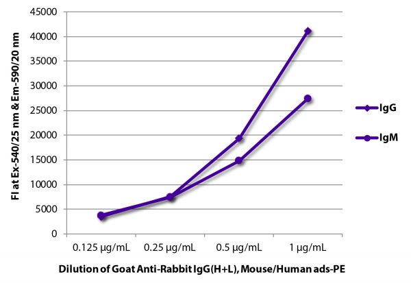 FLISA plate was coated with purified rabbit IgG and IgM.  Immunoglobulins were detected with serially diluted Goat Anti-Rabbit IgG(H+L), Mouse/Human ads-PE (SB Cat. No. 4050-09S).