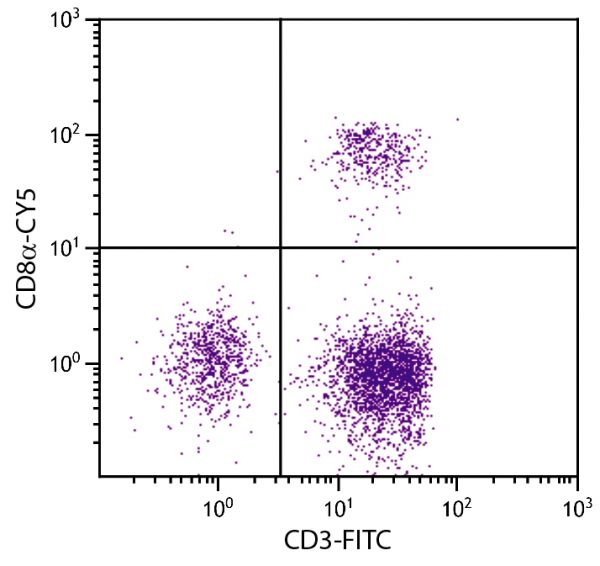 Chicken peripheral blood lymphocytes were stained with Mouse Anti-Chicken CD8α-CY5 (SB Cat. No. 8220-15) and Mouse Anti-Chicken CD3-FITC (SB Cat. No. 8200-02).