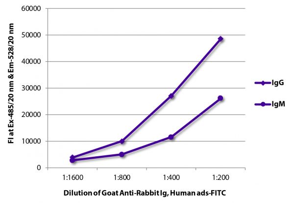 FLISA plate was coated with purified rabbit IgG and IgM. Immunoglobulins were detected with serially diluted Goat Anti-Rabbit Ig, Human ads-FITC (SB Cat. No. 4010-02).