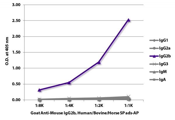 ELISA plate was coated with purified mouse IgG<sub>1</sub>, IgG<sub>2a</sub>, IgG<sub>2b</sub>, IgG<sub>3</sub>, IgM, and IgA. Immunoglobulins were detected with serially diluted Goat Anti-Mouse IgG<sub>2b</sub>, Human/Bovine/Horse SP ads-AP (SB Cat. No. 1093-04).
