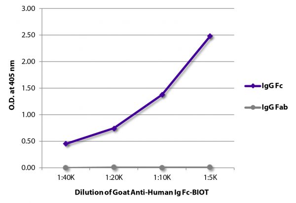 ELISA plate was coated with purified human IgG Fc and IgG Fab. Immunoglobulins were detected with serially diluted Goat Anti-Human Ig Fc-BIOT (SB Cat. No. 2047-08) followed by Streptavidin-HRP (SB Cat. No. 7100-05).