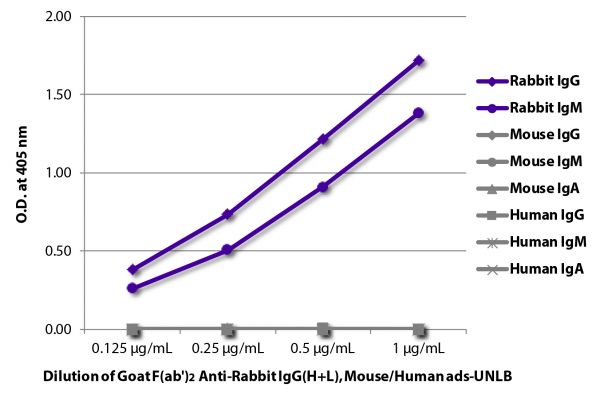 ELISA plate was coated with purified rabbit IgG and IgM, mouse IgG, IgM, and IgA, and human IgG, IgM, and IgA.  Immunoglobulins were detected with serially diluted Goat F(ab')<sub>2</sub> Anti-Rabbit IgG(H+L), Mouse/Human ads-UNLB (SB Cat. No. 4052-01) followed Swine Anti-Goat IgG(H+L), Human/Rat/Mouse SP ads-HRP (SB Cat. No. 6300-05).