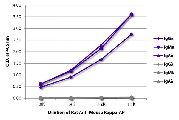 ELISA plate was coated with purified mouse IgGκ, IgMκ, IgAκ, IgGλ, IgMλ, and IgAλ. Immunoglobulins were detected with serially diluted Rat Anti-Mouse Kappa-AP (SB Cat. No. 1180-04).