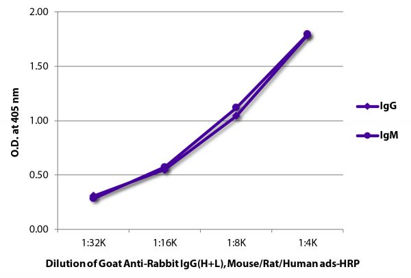 ELISA plate was coated with purified rabbit IgG and IgM. Immunoglobulins were detected with serially diluted Goat Anti-Rabbit IgG(H+L), Mouse/Rat/Human ads-HRP (SB Cat. No. 4049-05).