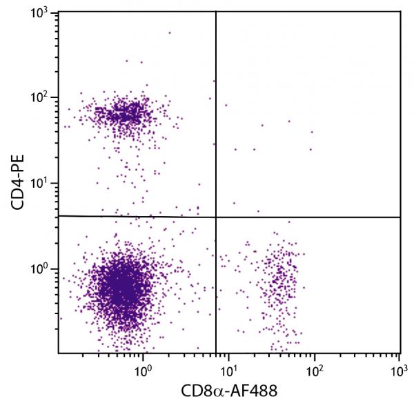 C57BL/6 mouse splenocytes were stained with Rat Anti-Mouse CD8α-AF488 (SB Cat. No. 1550-30) and Rat Anti-Mouse CD4-PE (SB Cat. No. 1540-09).