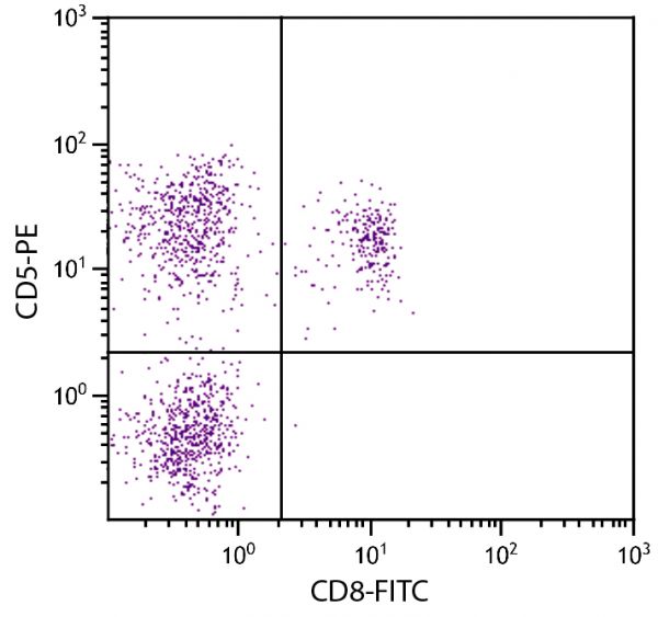 Feline peripheral blood lymphocytes were stained with Mouse Anti-Feline CD5-PE (SB Cat. No. 8100-09) and Mouse Anti-Feline CD8-FITC (SB Cat. No. 8120-02).