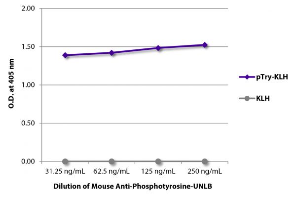 ELISA plate was coated with KLH and KLH conjugated to phosphotyrosine (pTry-KLH). Phosphotyrosine was detected with serially diluted Mouse Anti-Phosphotyrosine-UNLB (SB Cat. No. 1400-01) followed by Goat Anti-Mouse IgG<sub>2b</sub>, Human ads-HRP (SB Cat. No. 1090-05).