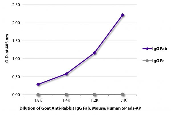 ELISA plate was coated with purified rabbit IgG Fab and IgG Fc.  Immunoglobulins were detected with serially diluted Goat Anti-Rabbit IgG Fab, Mouse/Human SP ads-AP (SB Cat. No. 4058-04).