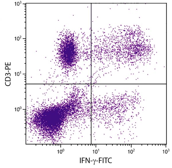 PMA and ionomycin stimulated human peripheral blood lymphocytes were stained with Mouse Anti-Human CD3-PE (SB Cat. No. 9515-09) followed by intracellular staining with Mouse Anti-Human IFN-γ-FITC (SB Cat. No. 10114-02).