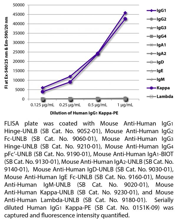 FLISA plate was coated with Mouse Anti-Human IgG<sub>1</sub> Hinge-UNLB (SB Cat. No. 9052-01), Mouse Anti-Human IgG<sub>2</sub> Fc-UNLB (SB Cat. No. 9060-01), Mouse Anti-Human IgG<sub>3</sub> Hinge-UNLB (SB Cat. No. 9210-01), Mouse Anti-Human IgG<sub>4</sub> pFc'-UNLB (SB Cat. No. 9190-01), Mouse Anti-Human IgA<sub>1</sub>-BIOT (SB Cat. No. 9130-01), Mouse Anti-Human IgA<sub>2</sub>-UNLB (SB Cat. No. 9140-01), Mouse Anti-Human IgD-UNLB (SB Cat. No. 9030-01), Mouse Anti-Human IgE Fc-UNLB (SB Cat. No. 9160-01), Mouse Anti-Human IgM-UNLB (SB Cat. No. 9020-01), Mouse Anti-Human Kappa-UNLB (SB Cat. No. 9230-01), and Mouse Anti-Human Lambda-UNLB (SB Cat. No. 9180-01). Serially diluted Human IgG<sub>1</sub> Kappa-PE (SB Cat. No. 0151K-09) was captured and fluorescence intensity quantified.