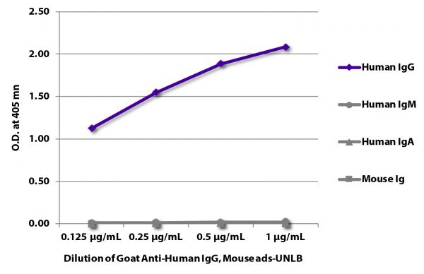 ELISA plate was coated with purified human IgG, IgM, and IgA, and mouse IgG, IgM, and IgA (mouse Ig).  Immunoglobulins were detected with serially diluted Goat Anti-Human IgG, Mouse ads-UNLB (SB Cat. No. 2044-01) followed by Swine Anti-Goat IgG(H+L), Human/Rat/Mouse SP ads-HRP (SB Cat. No. 6300-05).